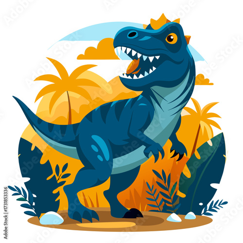 Vector illustration of a fierce blue tyrannosaurus rex dinosaur with sharp teeth and claws stands in a prehistoric jungle with palm trees and lush foliage under a bright sky