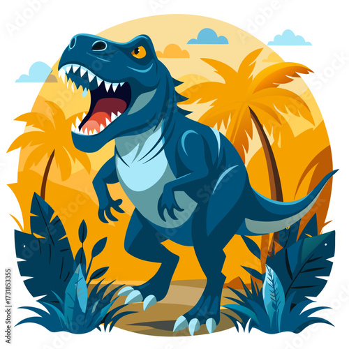Vector illustration of a ferocious blue tyrannosaurus rex dinosaur with its mouth open in a roar, surrounded by tropical plants and palm trees in a prehistoric landscape