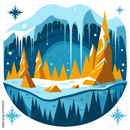Vector illustration of stylized winter landscape with sharp ice formations and snowcovered ground, featuring a dark blue sky with stars and snowflakes, evoking a cold, frosty, and magical atmosphere