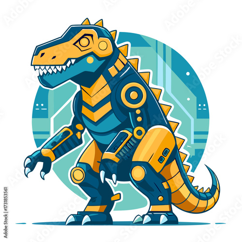 Vector illustration of a detailed illustration of a mechanical tyrannosaurus rex dinosaur, featuring a blue and yellow cybernetic body, posed against a digital background