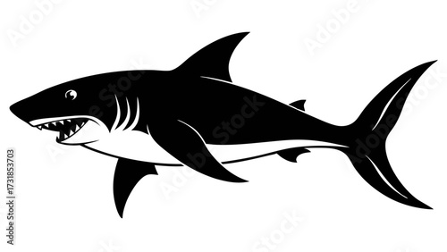 Vector illustration of a striking black silhouette of a shark in motion, showcasing its powerful form and sharp teeth, isolated on a