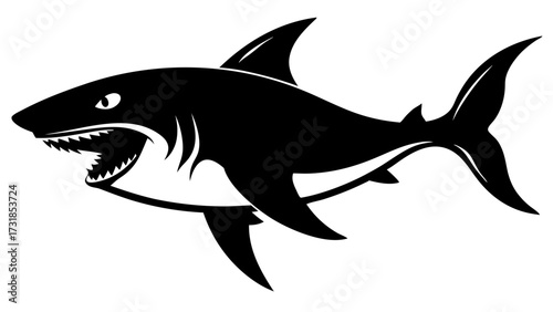Vector illustration of a menacing black silhouette of a great white shark with its mouth open and sharp teeth bared, isolated on a, conveying aggression and danger