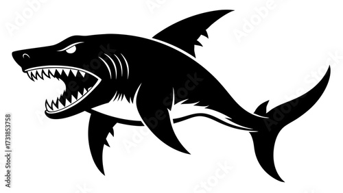 Vector illustration of a menacing black silhouette of a great white shark with its mouth open and sharp teeth bared, isolated on a, conveying aggression and danger