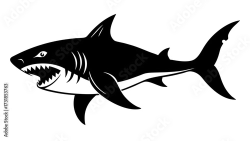 Vector illustration of a menacing black silhouette of a great white shark with its mouth open and sharp teeth bared, isolated on a, conveying aggression and danger