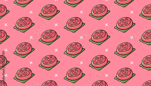 Ang Ku Kueh with flower colorful pattern on pink background. Red tortoise cake doodle seamless pattern background. Glutinous rice cake pastry isolated motif for food, restaurant, dessert packaging