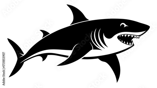 Vector illustration of black and white illustration of a shark with sharp teeth and fins