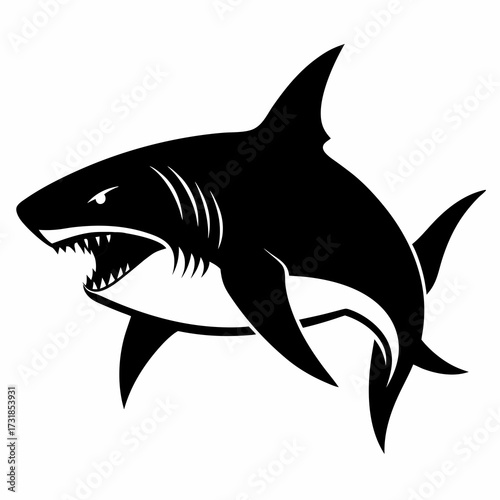 Vector illustration of stylized black and white graphic of a shark with open mouth and sharp teeth