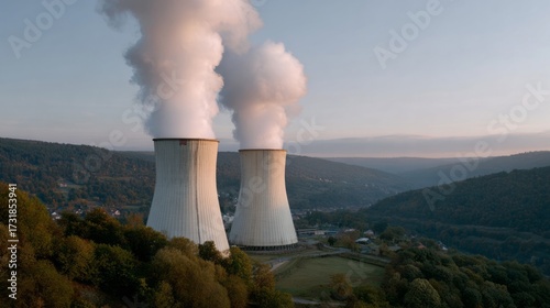 Smoke billows from towering cooling stacks in lush landscape, symbolizing Earth Day, industrial juxtaposition amidst serene verdancy