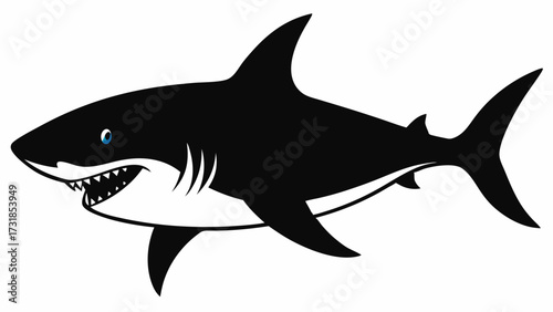 Vector illustration of black and white illustration of a shark with a blue eye, sharp teeth, and fins
