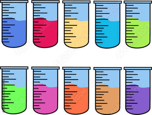 Illustration of Colorful Laboratory Beakers Filled with Liquid Chemicals in Diverse Shades