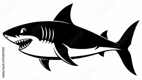 Vector illustration of a black and white illustration of a shark with its mouth open, isolated on a