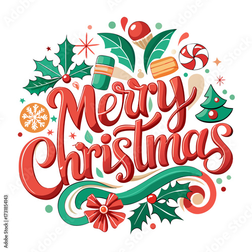 Vector illustration of merry christmas text with festive decorations, holly, berries, snowflakes, candy, and christmas tree