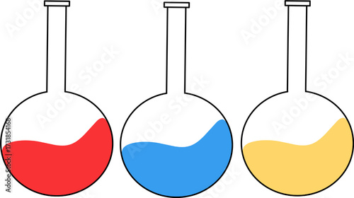 Three Laboratory Flasks with Colorful Liquid Fillings in a Scientific Setup