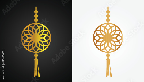 Vector image of a Chinese lantern hanging motif logo with beautiful and cool gold color variations with a cool bamboo circle motif with a black and white background for various design and branding pur
