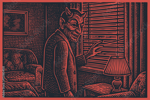 A cunning devil in a business suit spies through window blinds in a vintage room. A retro, hand-drawn woodcut or linocut style vector illustration.