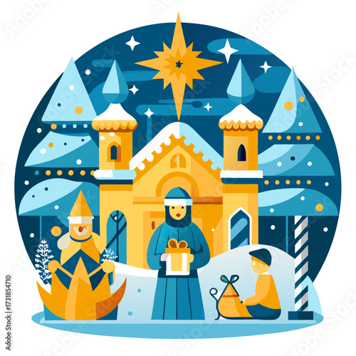 Vector illustration of nativity scene illustration with wise men presenting gifts to baby jesus in a stable, under a bright star and surrounded by snowy trees and festive decorations