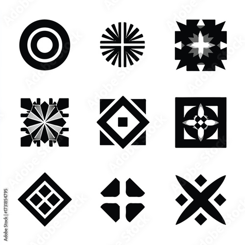 Geometric abstract pattern of stylized shapes and icons with unique design and background simplicity ideal for textile element