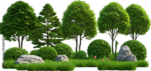 Green trees and shrubs illustration against white background