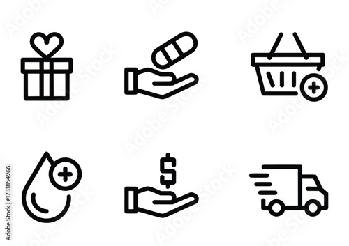 Charity & Online Shopping Line Icons - Gift Box, Hand Holding Pill, Shopping Cart, Water Drop, Money Hand, Delivery Truck for Nonprofits, Fundraising & Retail UI