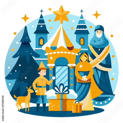 Vector illustration of christmas nativity scene with figures, a goat, and gifts in front of a church, depicting the holiday story with festive trees and stars