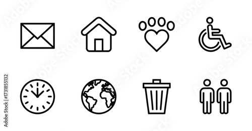 Universal Access & Everyday Life Line Icons - Email, Home, Paw Print, Wheelchair, Clock, Globe, Trash, People for Inclusive Design, Apps & Public Signage