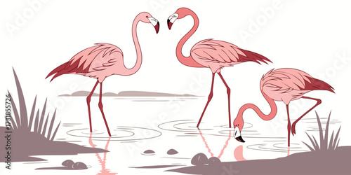 Vector poster of a group of flamingos standing and wading in a shallow lagoon. Include subtle water reflections, minimal background elements, bright pink feathers contrasting with muted water tones.