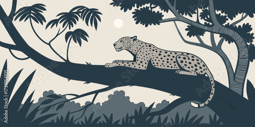 Vector illustration of a jaguar lying on a tree limb with dusk sky behind. Include realistic spots, dense rainforest shadows, subtle light highlighting jaguar’s face, minimal background elements.