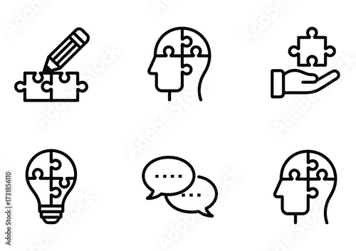 Creativity and ideas icons - puzzle, innovation, conversation, problem solving
