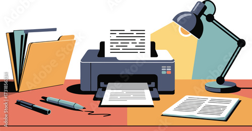 Document scanner on desk with files and lamp