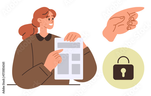 Woman presenting document, hand gesturing direction, lock highlighting data security. Ideal for information protection, decision-making, consent, privacy, leadership guidance and communication. A