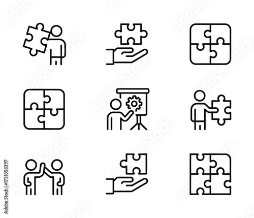 Puzzle and Teamwork Icons - Problem Solving, Presentation, Partnership Outline Set