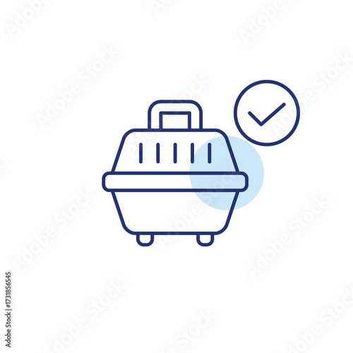 Pet carrier and checkmark, safe travel with animals, insurance and security. Pixel perfect, editable stroke vector icon