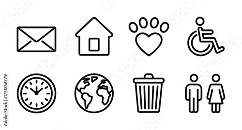 General UI and Accessibility Icons - Home, Email, Clock, Globe, Trash Outline Set