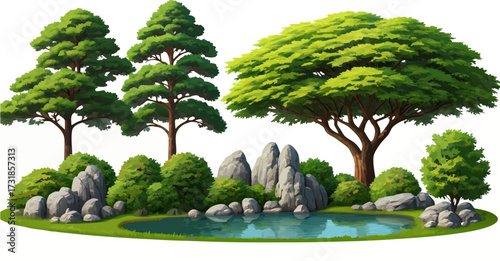 Illustration of trees rocks and pond on a white background