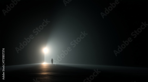 A single person stands silhouetted in the distance. They are illuminated by a bright light amidst dark fog at night on an empty street.
