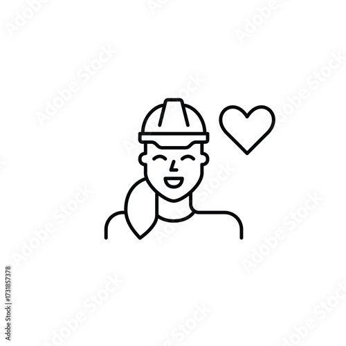 Woman in hard hat and heart. Workplace safety, trusted construction care. Pixel perfect, editable stroke vector icon