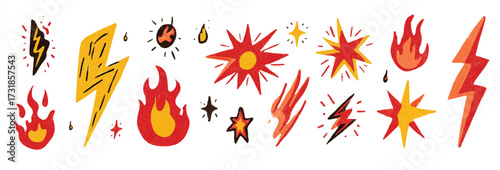 Hand Drawn Cartoon Fire Lightning and Star Elements in Red and Yellow Colors Isolated on White Background