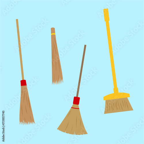 Various traditional brooms for cleaning environments, ideal for cleanliness, household, or clean-up campaign themes, flat art design style.
