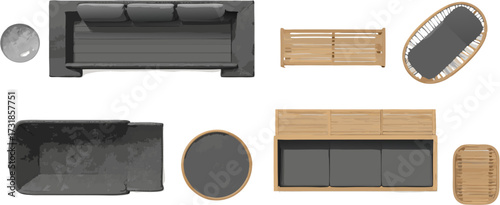 Overhead view furniture assortment isolated on white background