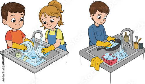 Children washing dishes illustration, kids doing household chores, teamwork,