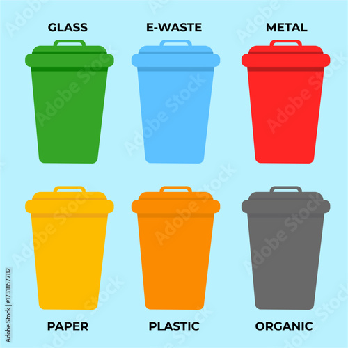 Colorful trash bins with waste type labels, great for recycling education and waste management illustrations, flat art design style.
