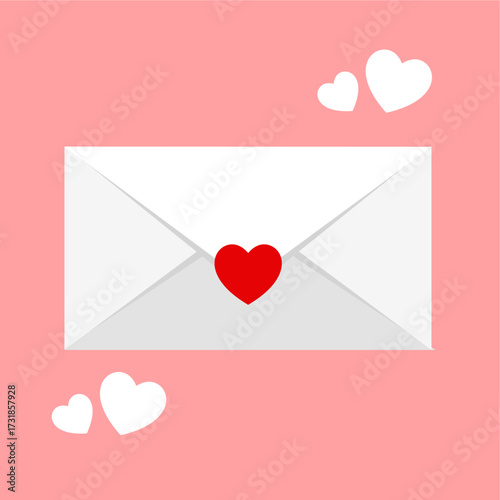 White envelope with heart stamp containing a love letter, perfect for romance, Valentine’s Day, or romantic communication, flat art design style.
