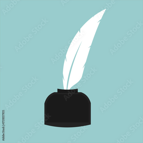 White goose feather pen dipped in black ink bottle, perfect for classic writing themes or vintage stationery illustration, flat art design style.
