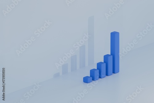 Blue 3D bar chart rising on light blue background