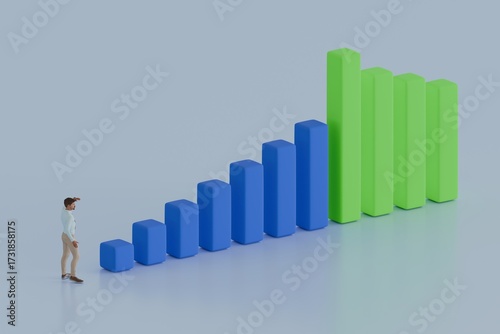 Man observing rising blue bars and tall green columns