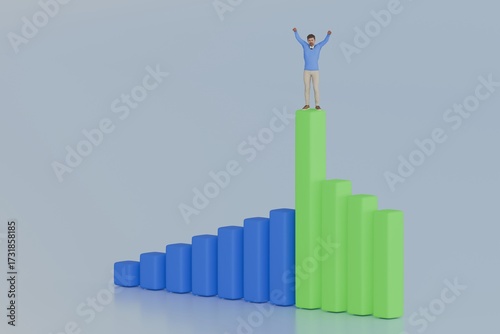 Man celebrating on tall green bar above rising chart