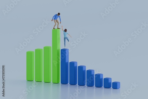Teamwork on growth bars, man helping woman climb