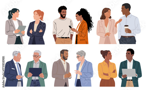 Different business team members standing, talking, communicating, taking part in business activities, meeting, brainstorming, coffee break. Multiracial people vector illustrations isolated.