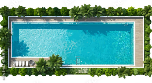 Overhead view of a pool surrounded by greenery and palms