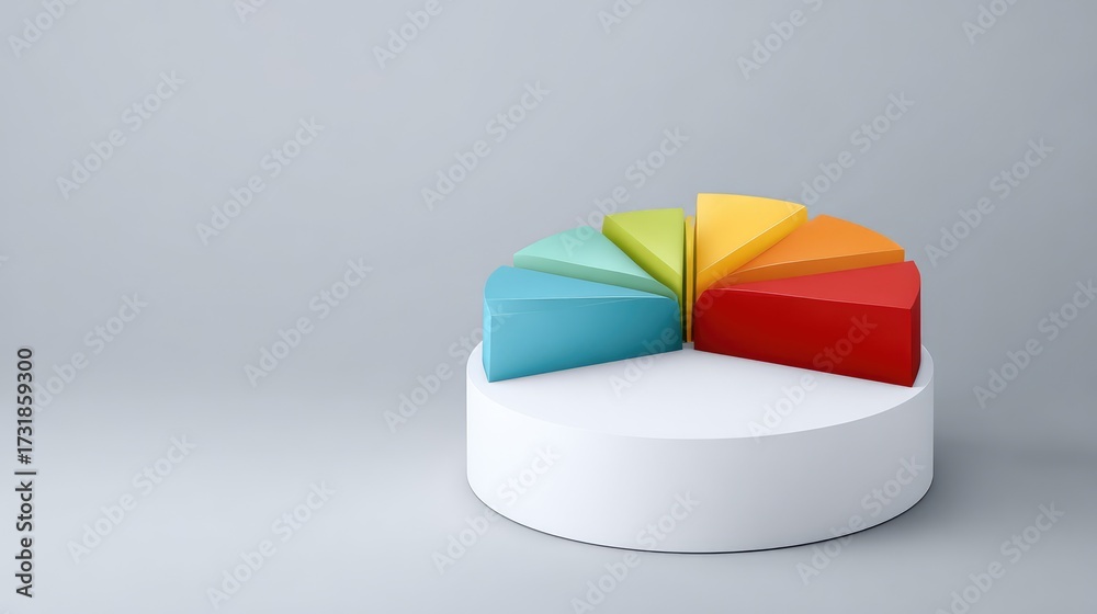 Obraz premium Colorful 3D Pie Chart Representation on a Minimalist Background Illustrating Data Segmentation and Business Analytics for Presentations and Reports